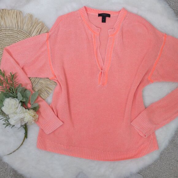 J Crew Neon Coral Orange Open Weave Sweater 100% Linen Size XS - Picture 1 of 8